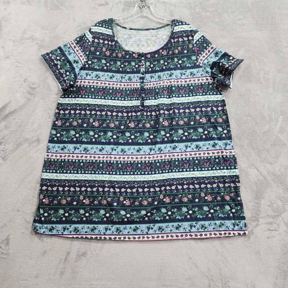 Woman Within Top Womens 18/20 Blue Floral Short-Sleeve Pintucked Henley Tunic